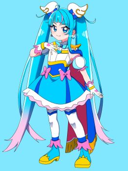 Rule 34 | 1girl, ahoge, asymmetrical bangs, blue background, blue boots, blue bow, blue cape, blue dress, blue hair, blue theme, boots, bow, brooch, cape, closed mouth, colored petticoat, commentary, cure sky, cut bangs, detached sleeves, diagonal bangs, dress, dress bow, earrings, fingerless gloves, fringe-trimmed cape, fringe trim, full body, gloves, gradient hair, hair bow, hair ornament, hand on own chest, highres, hirogaru sky! precure, jewelry, long hair, looking at viewer, magical girl, medium dress, multicolored hair, petticoat, pink bow, pink hair, precure, puffy detached sleeves, puffy sleeves, red cape, simple background, single bare shoulder, single earring, single hair streak, single sidelock, sleeveless, sleeveless dress, smile, solo, sora harewataru, split mouth, standing, streaked hair, thighhighs, twintails, twitter username, two-sided cape, two-sided fabric, two-tone dress, two-tone hair, very long hair, white dress, white gloves, white thighhighs, wing brooch, wing hair ornament, yunapi79, zettai ryouiki