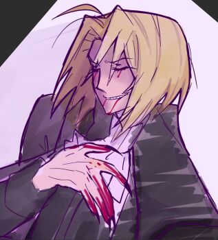 1boy ahoge ascot blonde_hair blood blood_from_mouth blood_on_hand bloody_tears cape closed_eyes curtained_hair evil_grin evil_smile fingernails grin hand_on_own_chest highres lovemaid22 male_focus melty_blood night_of_wallachia sharp_fingernails sharp_teeth sketch smile solo teeth tsukihime upper_body vampire