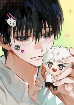 1boy avandee11949 black_hair blush character_doll collared_shirt commentary doll eyelashes fang grey_eyes hair_between_eyes hair_ornament hairpin highres hikaru_ga_shinda_natsu indou_hikaru male_focus mole mole_on_cheek mole_on_neck mole_under_eye multiple_moles shirt short_hair skin_fang slit_pupils solo sticker symbol-only_commentary tsujinaka_yoshiki white_hair white_shirt