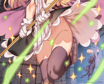 1girl artist_request bandaid bandaid_on_clothes bandaid_on_knee bandaid_on_leg black_cat black_cloak black_dress black_thighhighs blonde_hair bloomers boots brown_footwear cat cleft_of_venus cloak convenient_censoring dress dungeon gloves groin head_out_of_frame highres indoors jumping leg_up little_witch_nobeta loli long_hair lower_body magic nice_knee_socks_day no_panties nobeta official_art phyllis_(cat)_(little_witch_nobeta) phyllis_(little_witch_nobeta) pink_cloak pussy pussy_peek second-party_source sparkle standing standing_on_one_leg thighhighs thighs two-sided_cloak two-sided_fabric underwear unworn_bloomers wand white_bloomers white_gloves wind wind_lift