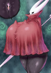 Rule 34 | 1boy, 1girl, 2b-ge, between breasts, black skin, blush, breasts, colored skin, curvy, dress, eyelashes, flying sweatdrops, furry, furry female, gigantic breasts, hollow knight, hornet (hollow knight), horns, knight (hollow knight), no humans, person between breasts, red dress, shiny skin, size difference, standing, sword, weapon