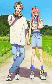 1boy 1girl akikoke alternate_costume bangs_pinned_back bare_arms blonde_hair blue_sky blue_socks brown_hair chainsaw_man commentary_request cropped_shirt demon_horns denim denim_skirt denji_(chainsaw_man) double-parted_bangs food forehead fruit full_body hair_between_eyes hetero highres holding holding_food holding_hands holding_ice_cream_cone horns ice_cream_cone jeans long_hair matching_outfits melting melting_ice_cream midriff outdoors oversized_clothes oversized_shirt pants path power_(chainsaw_man) road rural sharp_teeth shirt shoes short_sleeves skirt sky sneakers socks sweat teeth twintails watermelon white_shirt white_shoes
