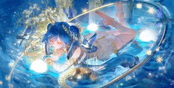1girl ancient_greek_clothes armlet bare_shoulders barefoot bird blue_eyes blue_hair feet greco-roman_clothes hair_belt head_rest highres iuno_(wuthering_waves) jewelry laurel_crown leg_wrap long_hair looking_ahead lying mian_tu_qiu on_stomach orb parted_lips solo the_pose thighs toes very_long_hair wuthering_waves