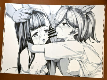 1boy 2girls bar_censor blush breasts censored clothed_female_nude_male cum cum_on_body facial fellatio ffm_threesome from_side full-face_blush greyscale group_sex hair_bobbles hair_ornament headpat hug hug_and_suck komari_chika licking licking_penis long_hair make_heroine_ga_oo_sugiru! medium_breasts monochrome multiple_girls nipples nude nukumizu_kaju oral penis photo_(medium) shadow shirt short_hair small_breasts threesome tongue tongue_out topless_female traditional_media tsujizen upper_body