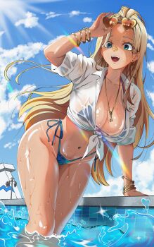1girl absurdres arm_support arm_up bandaid bandaid_on_face bandaid_on_nose bikini blonde_hair blue_bikini blue_eyes blue_sky bracelet breasts centi_(nikke) centi_(ocean_repair)_(nikke) cleavage cloud collarbone commentary day earrings eyewear_on_head goddess_of_victory:_nikke groin heart heart-shaped_eyewear high-waist_bikini highres hoop_earrings jewelry large_breasts lens_flare long_hair navel necklace official_alternate_costume open_mouth outdoors pool see-through_clothes shirt sky sleeves_rolled_up solo standing stomach sunglasses sunlight swimsuit tan tanline teeth tied_shirt upper_teeth_only vraxtal wading water wet wet_clothes white_shirt