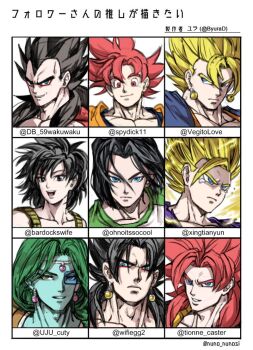 6+boys android_17 artist_name black_eyes black_hair blonde_hair blue_eyes body_fur braid chart circlet colored_skin dragon_ball dragon_ball_gt dragon_ball_heroes dragon_ball_minus dragon_ball_super dragonball_z earrings electricity followers_favorite_challenge frown gine gogeta green_hair green_skin hair_over_eyes jewelry kim_yura_(goddess_mechanic) male_focus multiple_boys multiple_drawing_challenge open_mouth potara_earrings red_eyes red_hair serious single_braid smile son_gohan son_goku super_saiyan super_saiyan_1 super_saiyan_2 super_saiyan_4 super_saiyan_god tears translation_request twitter_username vegeta vegetto yellow_eyes zarbon