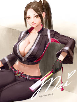 1girl 2025 black_gloves black_jacket black_pants breasts brown_eyes brown_hair character_name cleavage conto crop_top cropped_jacket eyeshadow fatal_fury fatal_fury:_city_of_the_wolves folded_fan folding_fan gloves hand_fan high_ponytail highres jacket large_breasts lipstick long_hair long_sleeves looking_at_viewer makeup navel pants partially_unzipped pink_lips ponytail shiranui_mai signature smile solo street_fighter street_fighter_6