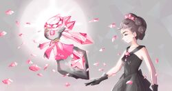 1girl bare_arms black_dress black_gloves braid brown_hair closed_eyes closed_mouth collarbone commentary diancie diantha_(pokemon) diantha_(sygna_suit)_(pokemon) dress earrings eyelashes eyeshadow ffccll from_side gen_6_pokemon gloves grey_background hairband highres jewelry legendary_pokemon makeup mythical_pokemon nintendo official_alternate_costume pokemon pokemon_(creature) pokemon_masters_ex short_hair sleeveless sleeveless_dress smile