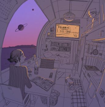 2girls absurdres bed bookshelf bottle cactus cat chair city controller cup drinking_glass gradient_sky hair_bun highres ladder laundry_basket long_sleeves multiple_girls original partially_colored pillow planet refrigerator remote_control ryaw sink sky slippers star_(sky) starry_sky stove stuffed_animal stuffed_shark stuffed_toy table teddy_bear television train train_interior wine_bottle wine_glass