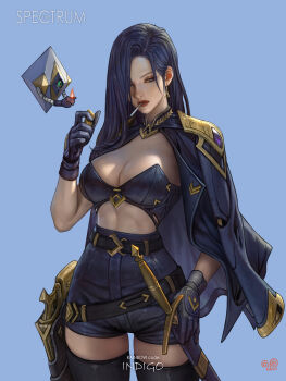 1girl abs absurdres belt black_thighhighs blue_background blue_gloves blue_hair blue_jacket blue_shorts breasts cigarette cleavage commentary earrings english_commentary fantasy fire gloves gun hair_behind_ear hair_over_one_eye high-waist_shorts highres holding holding_sword holding_weapon holster jacket jacket_on_shoulders jewelry large_breasts lighting_cigarette long_hair looking_to_the_side original purple_eyes shorts solo standing stomach sword thighhighs weapon yam_spectrum