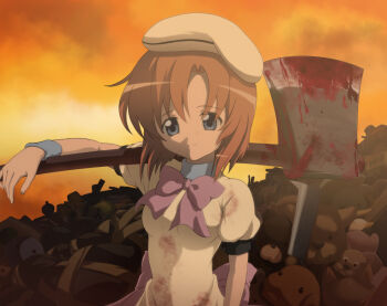 1girl absurdres axe beret blood blood_on_axe blood_on_clothes blue_eyes blue_wrist_cuffs bow bowtie breasts commentary_request dress hat highres higurashi_no_naku_koro_ni holding holding_axe looking_at_viewer orange_hair partial_commentary puffy_short_sleeves puffy_sleeves purple_bow purple_bowtie ryuuguu_rena sazae_sanze short_hair short_sleeves smile solo stuffed_animal stuffed_toy white_hat wrist_cuffs