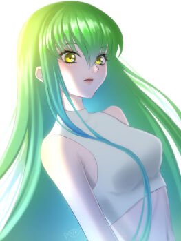1girl breasts c.c. clip_studio_paint_(medium) code_geass cropped_shirt from_side green_hair hair_behind_ear hair_between_eyes highres leaning_back long_hair looking_at_viewer makuroillust medium_breasts midriff navel open_mouth shirt sleeveless sleeveless_shirt solo upper_body very_long_hair white_background white_shirt yellow_eyes