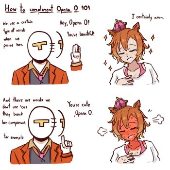 Rule 34 | 1girl, animal ears, blush, bra strap, closed eyes, collarbone, collared shirt, cropped shoulders, crown, embarrassed, english text, flustered, full-face blush, grey vest, hair between eyes, head steam, highres, horse ears, horse girl, jacket, johnholl0w, mini crown, necktie, open clothes, orange hair, orange jacket, pink crown, pink necktie, shirt, short hair, smile, sparkle, sweat, t-head trainer (umamusume), t.m. opera o (umamusume), trainer (umamusume), umamusume, vest, white shirt, yellow shirt