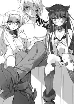 1boy 2girls animal_ear_fluff animal_ears arm_hug blush boots bra breasts cat_ears cat_girl cleavage collar covered_erect_nipples crossed_ankles diablo_(isekai_maou) elf facial_tattoo flat_chest foot_out_of_frame greyscale hair_between_eyes hair_over_one_eye hairband halterneck hand_on_another&#039;s_arm harem_outfit highres holding_another&#039;s_arm horns isekai_maou_to_shoukan_shoujo_no_dorei_majutsu large_breasts long_hair long_sidelocks looking_at_viewer low-tied_sidelocks metal_collar monochrome multiple_girls muscular muscular_male navel neck_tattoo novel_illustration official_art on_bed open_mouth pants pointy_ears rem_galeu revealing_clothes shera_l._greenwood short_hair shoulder_tattoo sidelocks simple_background sitting sling_bikini_top socks straight_hair tattoo third-party_source topless_male tsurusaki_takahiro underwear very_long_hair very_long_sidelocks