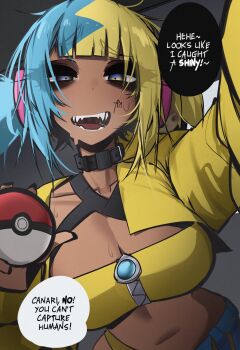 1girl ace_glitch belt belt_collar black_belt black_collar blonde_hair blue_eyes blue_hair blunt_bangs breasts canari_(pokemon) cleavage collar commentary constricted_pupils criss-cross_halter criss-cross_straps crop_top dark-skinned_female dark_skin english_commentary english_text halterneck highres holding holding_poke_ball jacket large_breasts looking_at_viewer multicolored_hair nintendo open_clothes open_jacket open_mouth pearto poke_ball poke_ball_(basic) pokemon pokemon_legends:_z-a short_hair short_twintails smile solo speech_bubble split-color_hair sweat talking twintails upper_body yellow_jacket