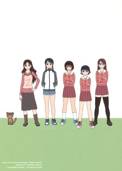 Rule 34 | 5girls, azuma kiyohiko, azumanga daioh's school uniform, azumanga daiou, black hair, black thighhighs, boots, breasts, brown footwear, brown hair, cat, closed mouth, crossed arms, full body, hand on own hip, hands in pockets, highres, iriomote cat, kagura (azumanga daioh), kurosawa minamo, long hair, long sleeves, mayaa (azumanga daioh), medium breasts, mizuhara koyomi, multiple girls, official art, pink serafuku, pink shirt, school uniform, serafuku, shirt, shorts, simple background, skirt, smile, standing, takino tomo, tanizaki yukari, thighhighs, third-party source