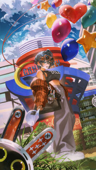 1girl absurdres alternate_costume balloon baseball_cap belle_(zenless_zone_zero) black_shirt blue_sky casual cloud cloudy_sky crop_top day eous_(zenless_zone_zero) eyewear_on_head grass grey_eyes grey_hair grey_pants hat heart_balloon highres holding holding_unworn_clothes holding_unworn_hat indol jacket long_sleeves off_shoulder open_clothes open_jacket open_mouth orange-framed_eyewear orange_jacket outdoors pants plaid_clothes plaid_jacket robot shirt shoes short_hair sky smile sneakers sunglasses sweatpants unworn_hat unworn_headwear walking white_hat white_shoes zenless_zone_zero