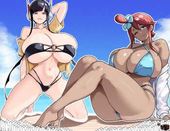 2girls alternate_breast_size_(larger) alternate_costume arm_behind_head armpits arms_up ass audience barely_covered beach belly bikini black_hair blue_eyes breasts cleavage crowd crowded curvy elesa_(pokemon) eyelashes feet giant giantess hair_tie happy headgear headphones highres huge_breasts kneeling legs long_legs mewmaster93 multiple_girls navel nintendo ocean one_eye_closed open_clothes open_shirt outdoors pale_skin pokemon pokemon_bw pokemon_bw2 red_hair short_hair short_hair_with_long_locks signature sitting sky skyla_(pokemon) sleeves_past_wrists smile swimsuit tan teeth thick_thighs thighs toes water