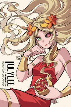 1girl ancient_greek_clothes black_sclera blonde_hair breasts colored_sclera dress greco-roman_clothes green_eyes green_lips hades_(series) hades_2 heterochromia laurel_crown long_hair lucylee158 melinoe_(hades) mismatched_sclera red_eyes see-through_body smile solo