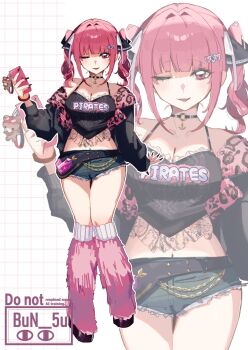 animal_print black_nails blunt_bangs breasts bun_(bun_5u) cellphone_charm chain charm_(object) choker cleavage commentary_request denim denim_shorts drill_hair english_text fingernails frills gold_chain grid_background hair_intakes hair_ornament highres holding holding_phone hololive houshou_marine jacket jacket_partially_removed knees_together_feet_apart large_breasts leg_warmers leopard_print long_fingernails long_sleeves midriff nail_polish navel o-ring o-ring_choker one_eye_closed open_mouth phone pink_leg_warmers platform_shoes red_eyes red_hair short_shorts shorts sidelocks simple_background thighs twin_drills
