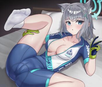 1girl :o animal_ear_fluff animal_ears areola_slip bed bike_jersey bike_shorts blue_archive blue_eyes blue_halo blue_shirt blue_shorts breasts cameltoe commentary_request cross_hair_ornament cycling_uniform extra_ears gloves green_gloves grey_hair hair_ornament halo highres ko-no leg_lift looking_at_viewer lying m_legs medium_breasts medium_hair mismatched_pupils multicolored_gloves no_bra no_shoes official_alternate_costume on_back on_bed open_clothes open_shirt shiroko_(blue_archive) shiroko_(cycling)_(blue_archive) shirt short_sleeves shorts solo spread_legs two-tone_gloves v wolf_ears