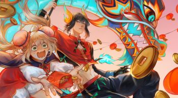 1boy 1girl absurdres artoria_caster_(fate) artoria_pendragon_(fate) blonde_hair bun_cover chinese_clothes coin commentary_request double_bun dragon_dance fate/grand_order fate_(series) green_eyes hair_bun highres holed_coin lantern long_hair long_sleeves midriff oberon_(fate) open_mouth paper_lantern pink_background renrenka_noi short_hair toned toned_male tripping twintails