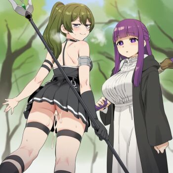 cum cum_in_pussy fern_(sousou_no_frieren) green_hair purple_hair seductive_gaze seductive_smile skirt smile sousou_no_frieren ubel_(sousou_no_frieren) under_skirt