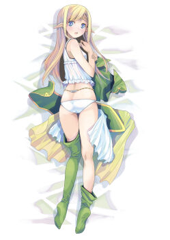 1girl :o absurdres ass asymmetrical_legwear bed_sheet blonde_hair blue_eyes blush butt_crack camisole dakimakura_(medium) elf frilled_camisole frills full_body green_socks highres jewelry long_hair looking_at_viewer looking_back lying on_stomach open_mouth original panties pointy_ears pop_(electromagneticwave) sidelocks socks solo teeth thighhighs underwear uneven_legwear unworn_clothes upper_teeth_only