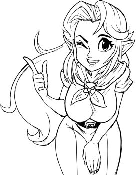 bandana breasts cremia hand_on_own_thigh highres large_breasts leaning_forward long_hair looking_at_viewer malon nintendo one_eye_closed open_mouth pointing pointy_ears sketch teevo the_legend_of_zelda the_legend_of_zelda:_majora&#039;s_mask the_legend_of_zelda:_ocarina_of_time triforce wink