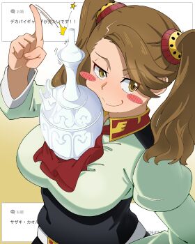1girl absurdres ascot blush_stickers breasts brown_eyes brown_hair commentary_request flick gradient_background gundam gundam_build_fighters gundam_build_fighters_try hashigo_hazushi highres large_breasts long_hair mobile_suit_gundam request_inset sazaki_kaoruko smug tawawa_challenge twintails vase