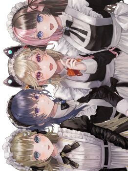 4girls absurdres animal_ears apron black_bow black_bowtie black_dress blonde_hair blue_eyes blue_hair bow bowtie brown_hair dress fake_animal_ears frilled_apron frills hair_bow hanabusa_lisa highres ichinose_uruha komori_met long_hair looking_at_viewer maid maid_apron maid_headdress multicolored_hair multiple_girls pink_hair purple_eyes red_eyes rokuri-eva short_hair sideways simple_background smile split-color_hair tachibana_hinano two-tone_hair upper_body virtual_youtuber vspo! white_apron white_background white_headdress