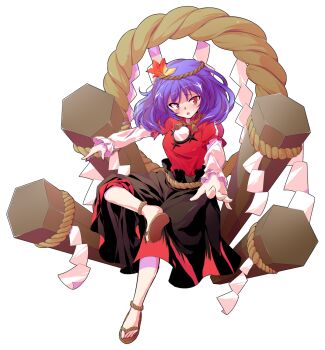 1girl alphes_(style) anklet commentary_request crossed_legs dairi full_body hair_ornament highres jewelry large_variant_set leaf leaf_hair_ornament long_skirt looking_at_viewer maple_leaf onbashira outstretched_arms parody purple_hair red_eyes rope sandals shimenawa sitting skirt smile solo style_parody tachi-e touhou transparent_background tunic variant_set yasaka_kanako