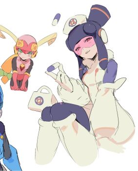 2girls black_bodysuit black_hair black_helmet blonde_hair bodysuit clenched_hands first_aid_kit glasses gloves green_eyes hat heart helmet highres holding holding_pill leotard looking_at_viewer mayutsuba_mono meddy.exe_(mega_man) mega_man_(series) mega_man_battle_network_(series) multiple_girls netnavi nurse nurse_cap open_mouth pill pink-tinted_eyewear pink_gloves pink_helmet pink_leotard red-tinted_eyewear roll.exe_(mega_man) sidelocks sitting smile solo tinted_eyewear white_gloves
