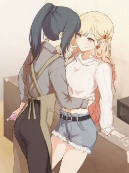 2girls absurdres alternate_hair_length_(longer) apron belt black_belt black_hair blonde_hair blush breasts brown_pants closed_mouth colorful_festival_(project_sekai) counter cowboy_shot cutoffs denim denim_shorts earrings face-to-face flower_earrings food food_on_face grey_shirt grey_shorts hair_behind_ear hand_under_clothes hello_good_day!_(project_sekai) highres holding hoshino_ichika_(project_sekai) indoors jewelry large_breasts long_hair long_sleeves looking_at_another microwave midriff multiple_girls navel official_alternate_costume official_alternate_hairstyle pann_(1202zzzx00) pants pointing pointing_at_self ponytail project_sekai shirt short_shorts shorts sleeves_past_wrists sweater tenma_saki turtleneck turtleneck_sweater very_long_hair white_sweater yuri