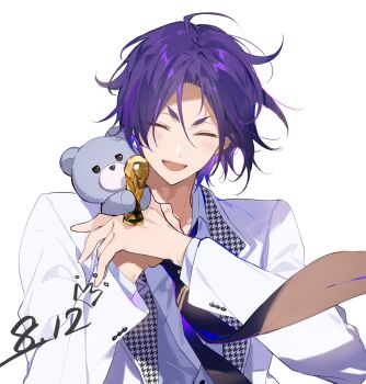1boy blue_lock blue_necktie buttoned_cuffs buttons closed_eyes collared_shirt commentary_request coulforillust dated floating_neckwear highres holding holding_stuffed_toy houndstooth jacket lapels layered_sleeves male_focus mikage_reo necktie open_collar open_mouth parted_hair purple_hair shirt short_hair simple_background smile solo stuffed_animal stuffed_toy teddy_bear triangle_mouth upper_body white_background white_jacket white_shirt wing_collar