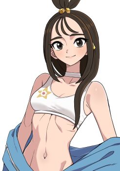 1girl absurdres bare_shoulders black_hair blue_hoodie blush breasts choker cleavage closed_mouth collared_shirt commentary_request cube_hair_ornament earclip grey_eyes hair_ornament highres hood hoodie lida_(pokemon) long_hair looking_at_viewer n_k_m navel nintendo pokemon pokemon_legends:_z-a shirt simple_background smile solo sports_bra stomach topknot upper_body white_background white_choker white_sports_bra wispy_bangs