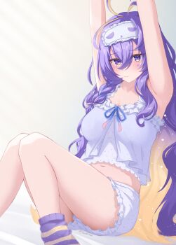 1girl absurdres arms_up azurarts blue_bow blush bow braid breasts commentary highres hololive hololive_indonesia large_breasts long_hair messy_hair moona_hoshinova moona_hoshinova_(pajamas) navel purple_eyes purple_hair sleep_mask sleepwear socks starry_hair striped_clothes striped_socks twitter_username untranslatable_commentary virtual_youtuber