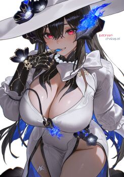 1girl absurdres black_hair blue_hair breasts chokopaii cleavage colored_inner_hair curvy dress finger_to_mouth hat highres honkai:_star_rail honkai_(series) horns large_breasts long_hair looking_at_viewer multicolored_hair red_eyes simple_background solo the_dahlia_(honkai:_star_rail) thick_thighs thighs white_background white_dress white_hat wide_hips