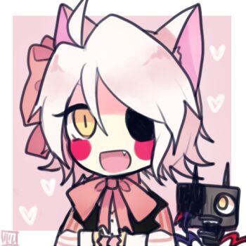 1girl ahoge animal_ears bad_id bad_tumblr_id black_vest bow bowtie commentary english_commentary fang five_nights_at_freddy&#039;s five_nights_at_freddy&#039;s_2 fox_ears hair_bow long_sleeves lowres lulu-999 mangle missing_eye open_mouth personification pink_bow pink_bowtie short_hair sidelocks smile solo vest white_hair yellow_eyes