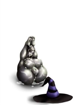 Rule 34 | 1girl, absurdres, anus, arms behind back, ass, barefoot, black hat, breasts, cleavage, collarbone, colored eyelashes, colored nipples, colored sclera, colored skin, colored tongue, completely nude, cum, cum in ass, cum in pussy, cum on body, cum on breasts, cum on feet, cum on hair, cum on stomach, cum on upper body, cum pool, cumdrip, dragon's crown, drooling, fat mons, feet above head, fluid on breasts, folded, forehead, grey hair, grey nipples, grey sclera, grey skin, grey tongue, hat, highres, huge breasts, lactation, large variant set, legs over head, liquid, long hair, metal skin, navel, ningyoushi, nipples, no areolae, no irises, no pupils, nude, open mouth, parted bangs, petrification, projectile lactation, puckered anus, pupiless eyes, pussy, raised eyebrows, saliva, shadow, simple background, slime (substance), solid eyes, solo, sorceress (dragon's crown), statue, swept bangs, tearing up, thick eyelashes, thighs, tongue, tongue out, transformation, unworn hat, unworn headwear, variant set, wam, wet, wet and messy, white background, witch hat