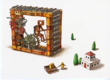 ._. absurdres ballpoint_pen_(medium) building caterpillar_tracks door engine exhaust_pipe gears highres mechanical_legs original painting_(medium) pen_(medium) robot sitting square_head traditional_media tsuboi_hajime watercolor_(medium) wheel wheelbarrow white_background window