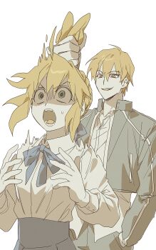 0304rong0304 absurdres animal_ears artoria_pendragon_(fate) black_jacket blonde_hair blue_eyes braid commentary_request extra_ears fate/stay_night fate_(series) gilgamesh_(fate) gilgamesh_(immoral_biker_jacket)_(fate) grabbing_another&#039;s_ear hand_in_pocket hand_on_another&#039;s_ear highres jacket kemonomimi_mode korean_commentary rabbit_ears rabbit_girl saber_(fate) shaded_face shirt surprised sweatdrop untucked_shirt white_shirt yellow_eyes