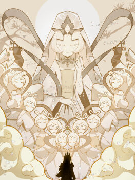 1boy 6+girls absurdres black_hair chinese_clothes closed_eyes closed_mouth commentary cookie_run cookie_run:_kingdom dark_cacao_cookie diamond_(gemstone) english_commentary esprungtinkle highres long_hair long_sleeves multiple_girls mystic_flour_cookie pale_skin robe veil very_long_hair white_hair white_robe white_veil wide_sleeves