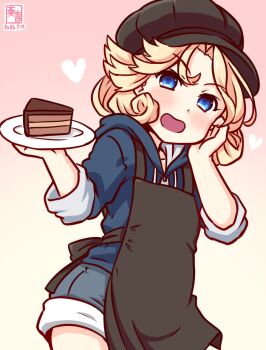 Rule 34 | 1girl, alternate costume, artist logo, beret, blonde hair, blue eyes, blue jacket, blue shorts, blush, cake, chocolate cake, commentary request, cowboy shot, dated, food, hat, jacket, janus (kancolle), kanon (kurogane knights), kantai collection, logo, long sleeves, looking at viewer, one-hour drawing challenge, open mouth, pink background, plate, short hair, shorts, smile, solo, valentine