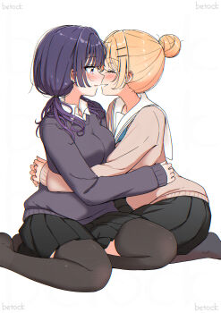 2girls absurdres arms_around_waist artist_name betock black_skirt black_sweater black_thighhighs blonde_hair blush closed_eyes collared_shirt commentary_request couple hair_bun hair_ornament hairclip highres hug imminent_kiss looking_at_another multiple_girls original parted_lips pink_sweater pleated_skirt purple_hair sailor_collar shirt simple_background skirt smile sweater thighhighs twintails white_background white_sailor_collar white_shirt yuri