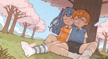 1boy 1girl all_the_fallen blue_hair casytay cherry_blossoms commentary dress english_commentary highres long_hair no_shoes orange_hair outdoors shorts sitting socks tree