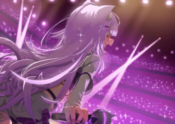 1girl alternate_hair_length alternate_hairstyle animal_ear_fluff animal_ears arm_at_side ass audience belt black_belt black_shirt blunt_bangs bow bow_legwear cat_ears cat_girl cat_hair_ornament cat_tail closed_eyes commentary_request concert cowboy_shot crop_top fang fingernails from_behind grey_shorts hair_ornament heart heart_hair_ornament highres holding holding_microphone hololive honeycomb_(pattern) indoors kyo_se layered_shirt leaning_forward long_hair microphone nail_polish nekomata_okayu open_mouth pocket purple_bow purple_hair purple_nails purple_shirt purple_tail purple_theme purple_thighhighs see-through_clothes see-through_shirt shirt shorts shouting skin_fang sparkle stage_lights standing tail thighhighs torn_clothes torn_shirt triangle_hair_ornament very_long_hair virtual_youtuber