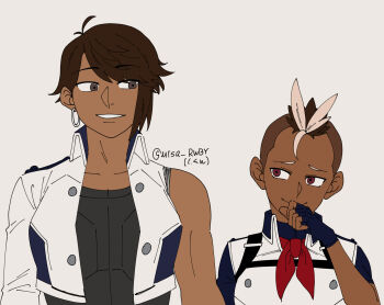 2girls blonde_hair blue_gloves brown_eyes brown_hair closed_mouth collarbone commentary dark-skinned_female dark_skin earrings elm_ederne english_commentary fingerless_gloves flat_color gloves grey_eyes harriet_bree highres hoop_earrings jewelry looking_at_another misanim mohawk multicolored_hair multiple_girls muscular muscular_female rwby short_hair simple_background single_bare_arm smile two-tone_hair upper_body very_short_hair white_background