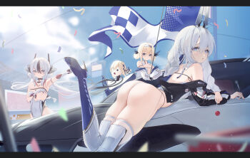 +_+ 4girls absurdres animal_ears ass azur_lane bandaid bandaids_on_nipples black_choker black_hair black_jacket blonde_hair boots braid candy car choker confetti cross_hair_ornament double_bun elbow_gloves eyepatch fake_animal_ears food galodos gloves gradient_hair grey_hair hair_bun hair_ornament hairband high_heel_boots high_heels highres jacket l&#039;indomptable_(azur_lane) le_malin_(azur_lane) le_terrible_(azur_lane) le_triomphant_(azur_lane) leotard lollipop long_hair motor_vehicle multicolored_hair multiple_girls off_shoulder on_car open_clothes pasties playboy_bunny race_flag short_hair sports_car streaked_hair symbol-shaped_pupils thigh_boots twin_braids white_hairband white_jacket white_leotard