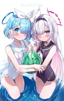 2girls absurdres aqua_hair aqua_halo arona_(blue_archive) black_choker black_hairband black_one-piece_swimsuit blue_archive blush braid choker closed_mouth collarbone commentary_request doodle_sensei_(blue_archive) hair_over_one_eye hair_ribbon hairband halo highres long_hair looking_at_viewer multiple_girls nishiro_hato one-piece_swimsuit pink_hair pink_halo plana_(blue_archive) purple_hair ribbon school_swimsuit sensei_(blue_archive) short_hair smile swimsuit wet white_choker white_hair white_one-piece_swimsuit